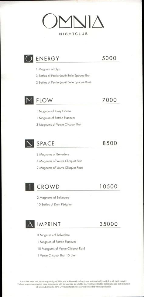 omnia nightclub menu